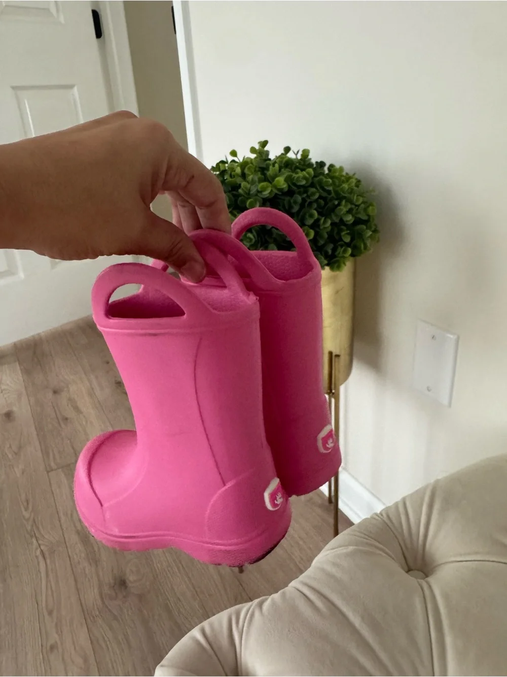 Kids Waterproof Pull-On Rain Boots in Bright Pink